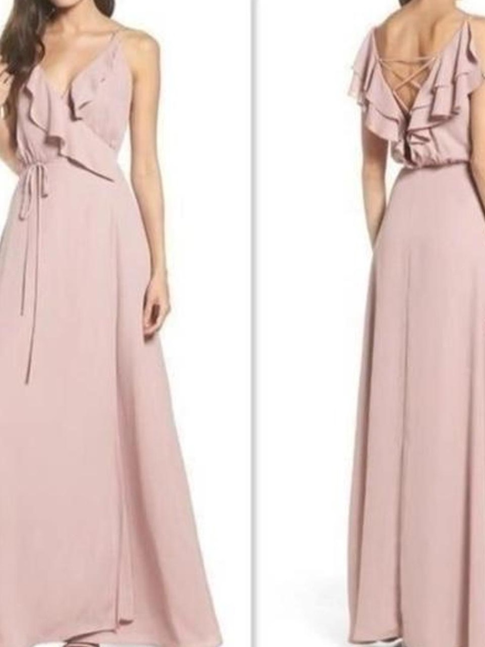 WAYF Dusty Rose Ruffle Maxi Dress Lace Up Back Size M